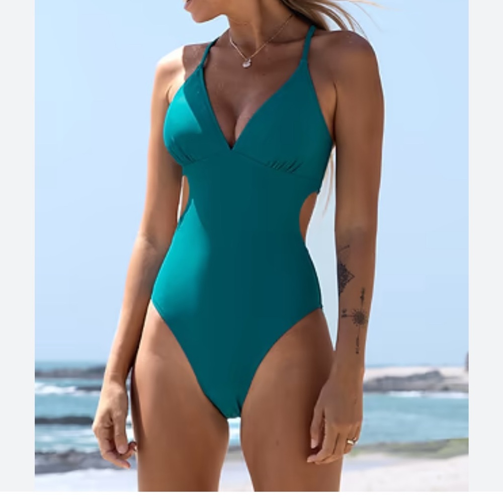 Teal One-Piece Swimsuit CupShe cutout encounter under the waves cross back